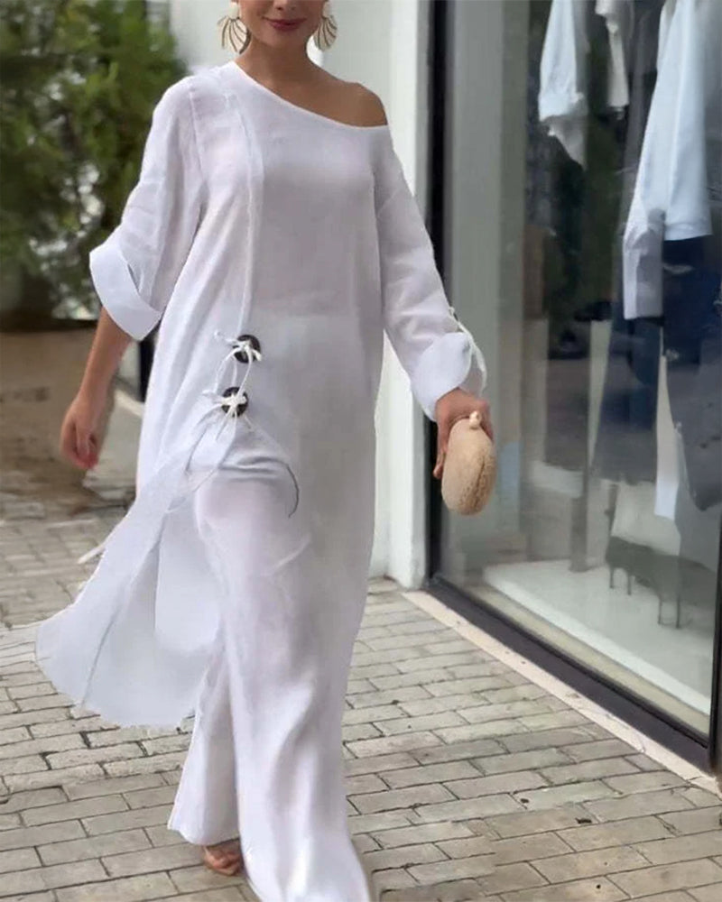 2 Pieces Outfit Button Decor One Shoulder Turn-Up Sleeves Slit Raw Edges Top and Casual Drawstring Elastic Waist Wide Leg Pants Set - Image 5