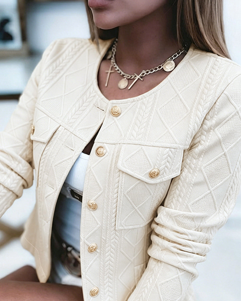 Women's French Style Cropped Jacket Round Neck Gold Button Coat Argyle Cable Jacquard Knit Outerwear - Image 20