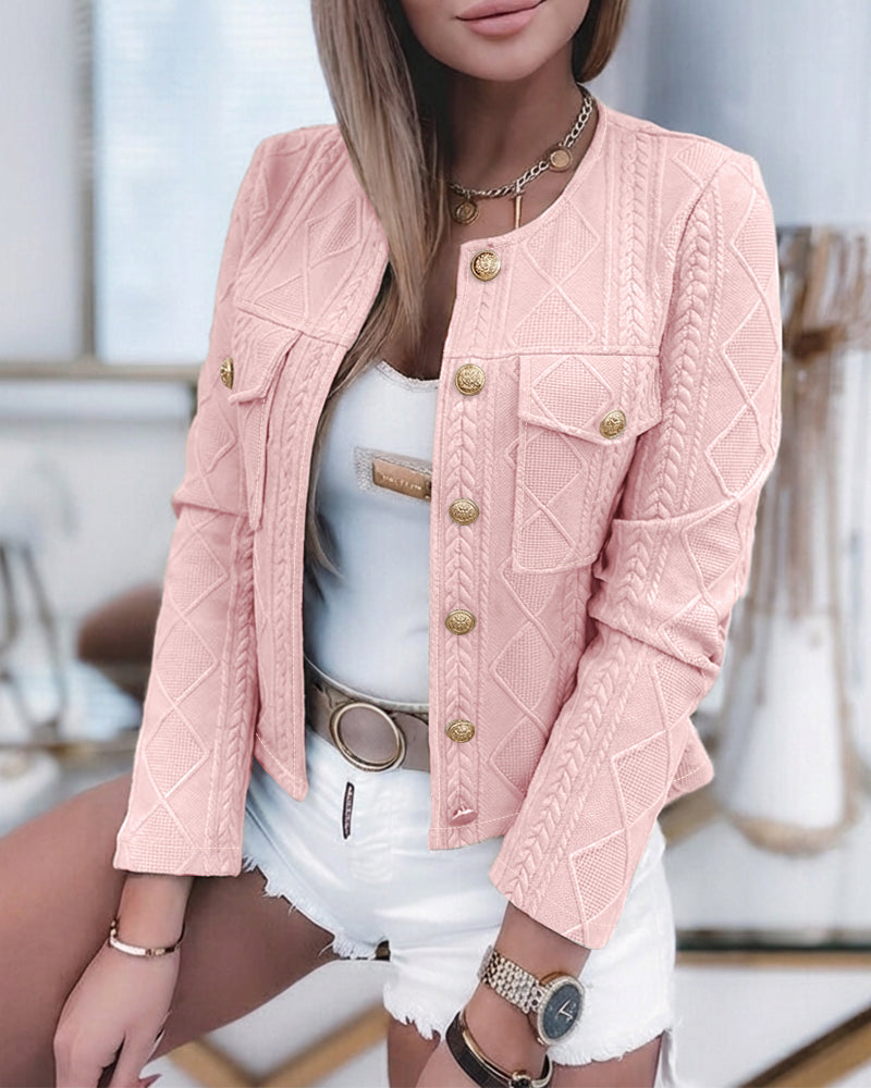 Women's French Style Cropped Jacket Round Neck Gold Button Coat Argyle Cable Jacquard Knit Outerwear - Image 9