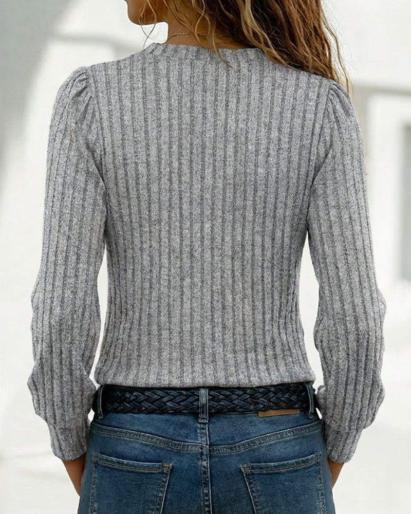 Button Decor Asymmetrical V-Neck Long Sleeve Ribbed Tee Casual Knit Brushed Top - Image 13