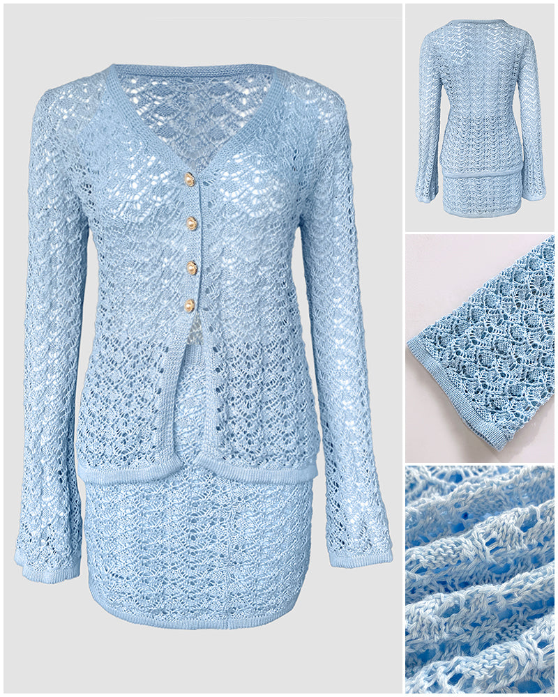 2 Pieces Outfit Deep V Neck Flare Sleeve Half Pearl Button Front Slit Top And Elastic Waist Skirt Set Casual Slim Fit Knit Set - Image 19