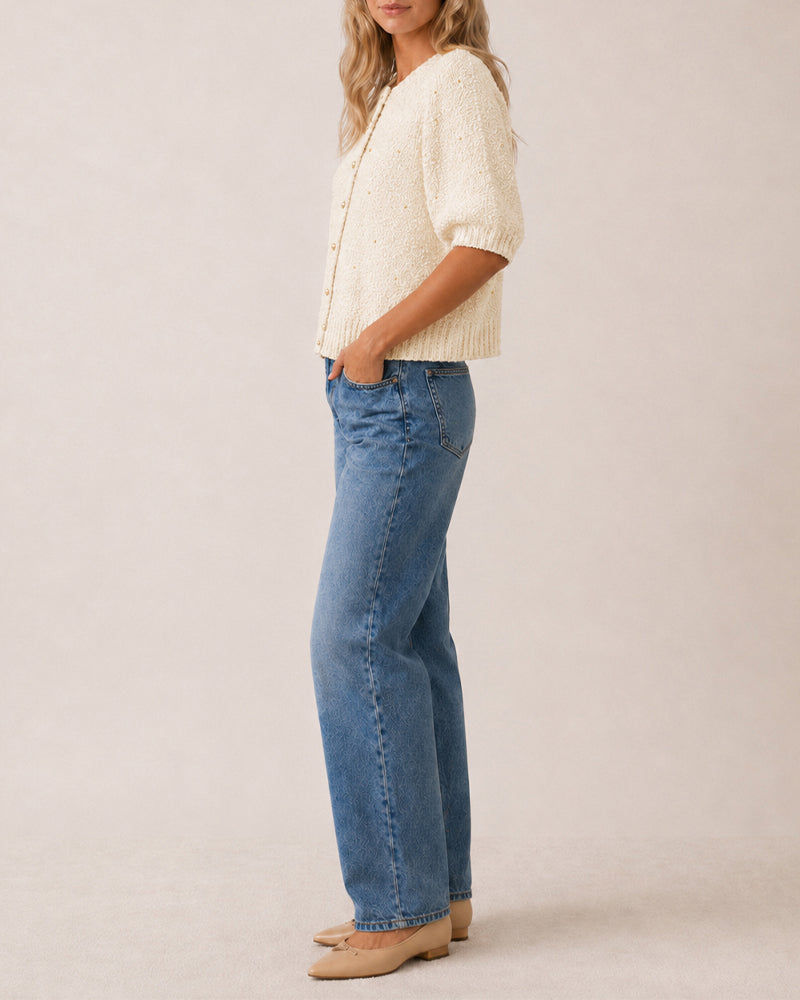 Women's Boucle Knit Cardigan Gold Beaded Puff Sleeve Sweater Crewneck Button Up Elegant Crop Outerwear - Image 3