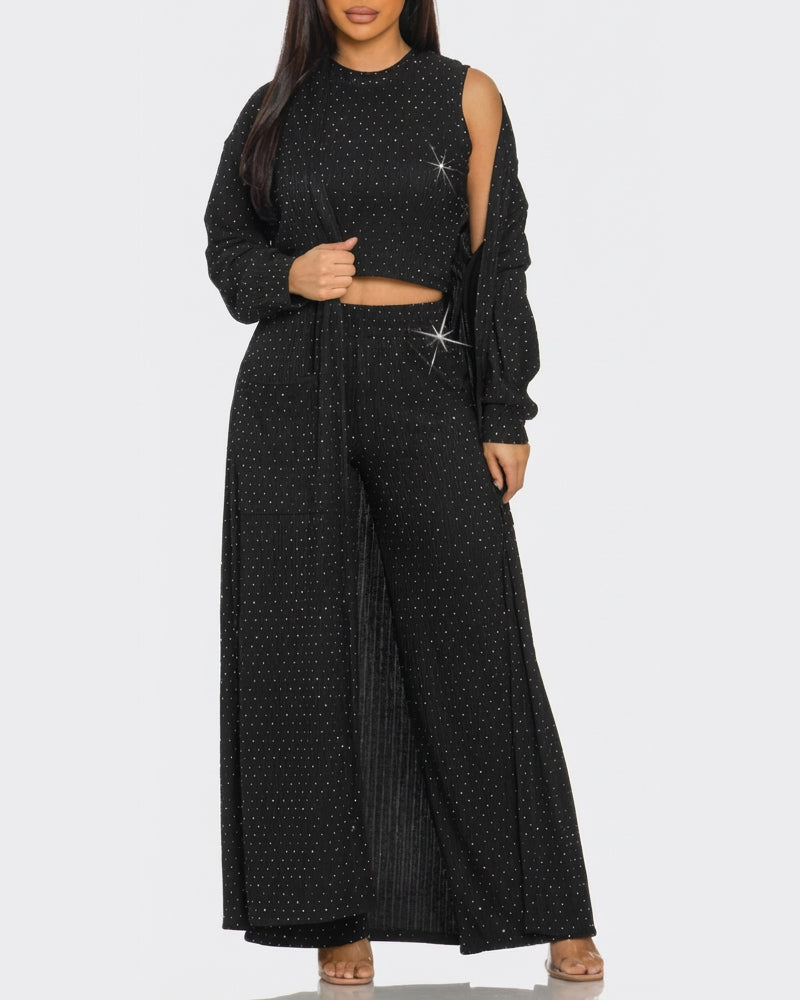 3 Pieces Outfits Cozy Comfort Glitter Long Sleeve Longline Coat and Cropped Ribbed Knit Tank Wide Leg Pants Set - Image 3