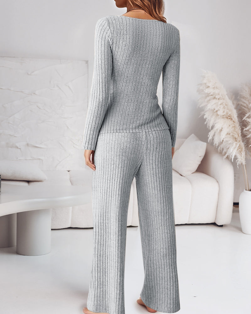 Women's Ribbed Knit Lounge Set Lace Trim Square Neck Long Sleeve Top and Straight Leg Drawstring Pants with Pockets - Image 2