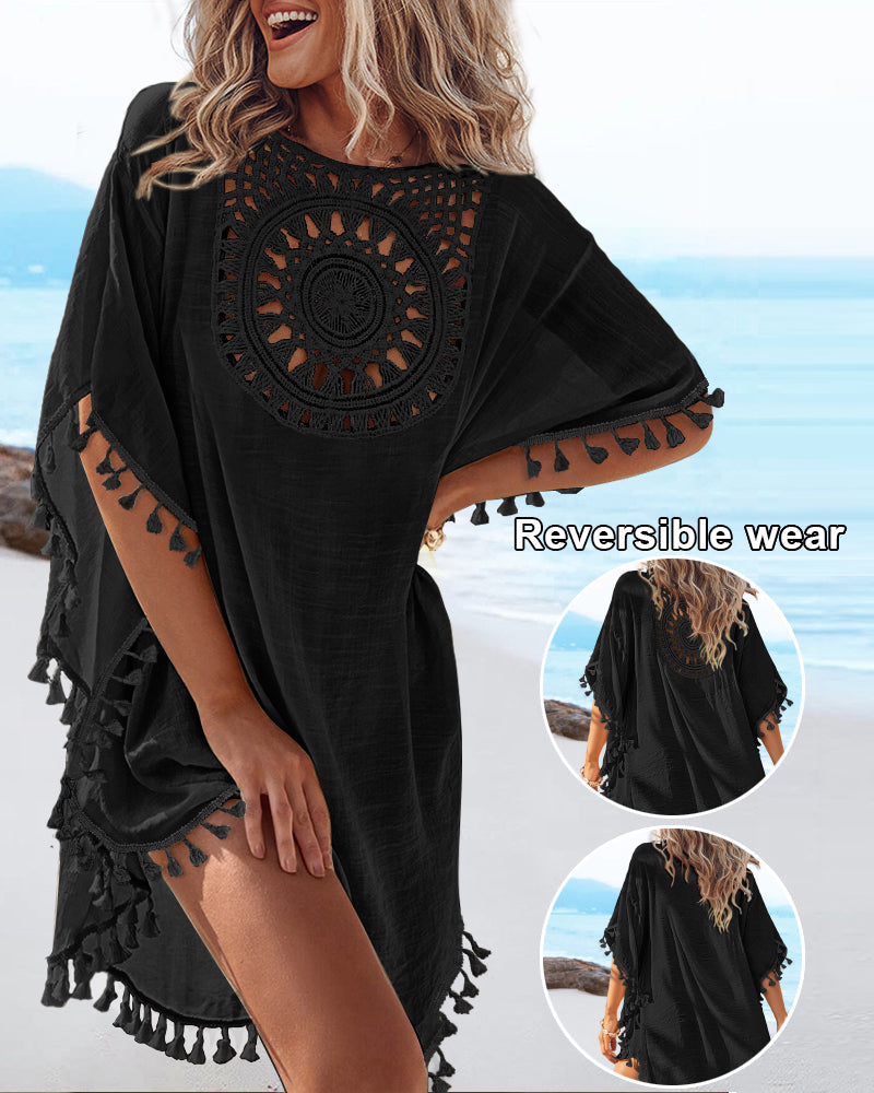 Women's Front & Back Reversible Beach Cover Up Crochet Lace Hollow Out Spliced Tassel Vacation Caftan Dress - Image 18