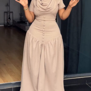 Single Breasted Decor Cowl Neck Short Sleeve Cinched Waist Maxi Dress Elegant Zipper Back Ruched Party Dress