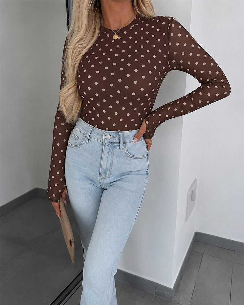 Women's Mesh Polka Dot Top Lined Sheer Long Sleeve Tee Crewneck Slim Fit Layering Under Base Top with Thumbholes - Image 13