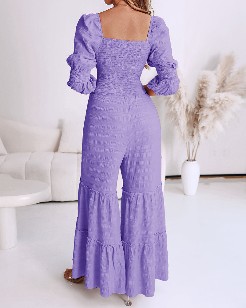 Sweetheart Neck Puff Sleeve Drawstring Front Shirred Overalls Casual Cutout Front Ruffle Hem Wide Leg Jumpsuit - Image 9