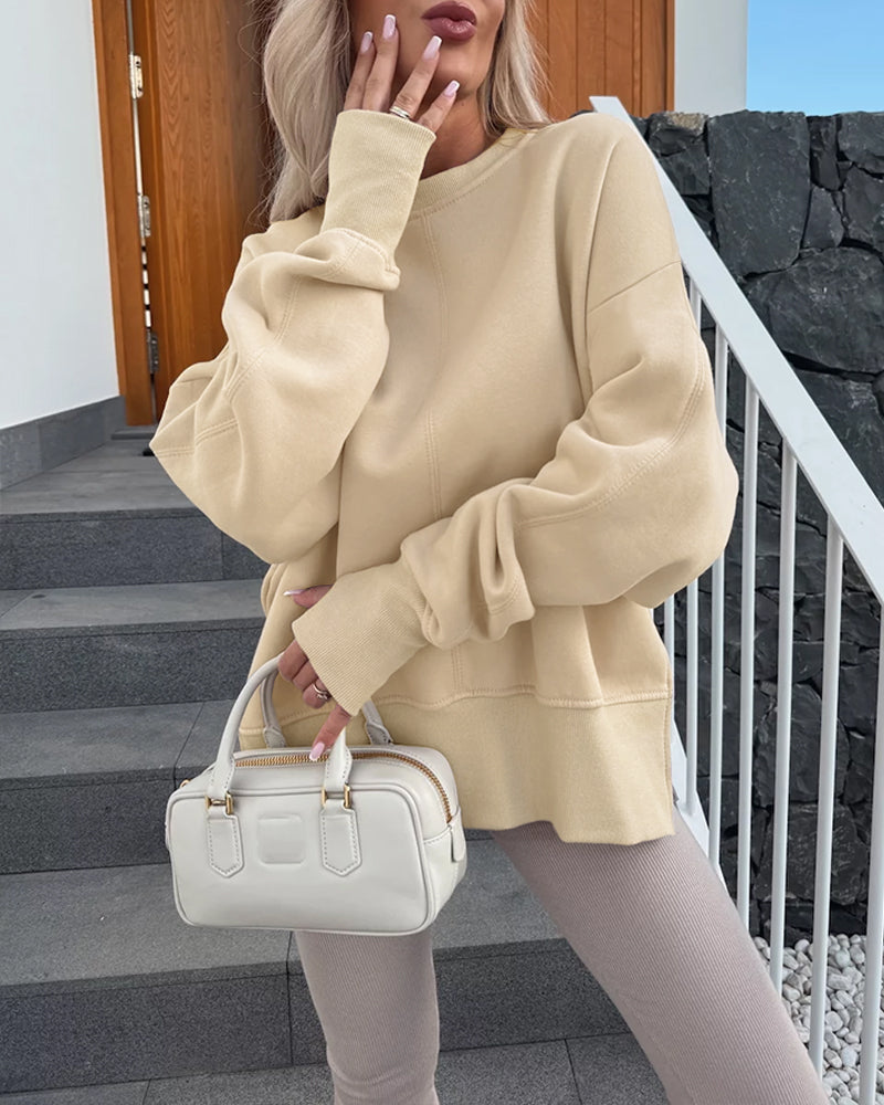 Women's Casual Crewneck Sweatshirt Loose Long Sleeve Side Slit Pullover Top with Thumb Holes - Image 4