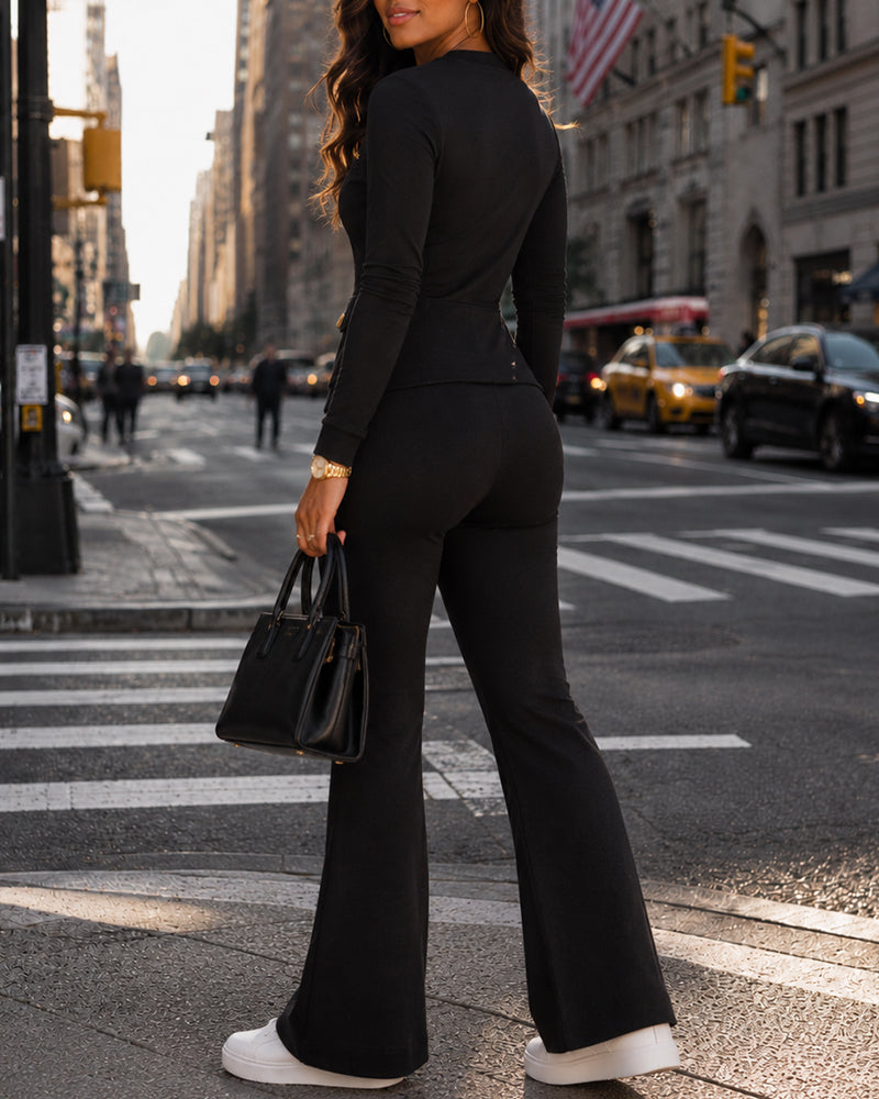 Women's 2 Piece Tracksuit Set Gold Zip Crewneck Jacket and High Waist Flare Pants Set - Image 2