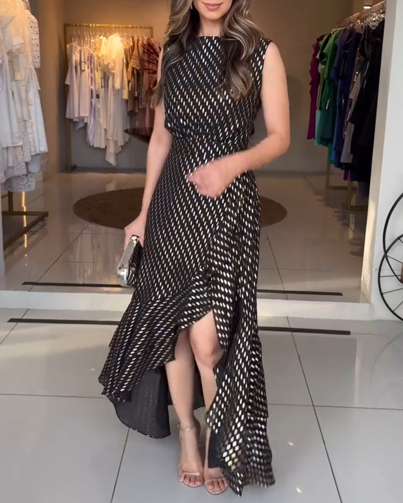 Silver Foil Pattern Sleeveless Cinched Waist Party Dress Elegant Asymmetrical Ruffles Slit Evening Dress - Image 4
