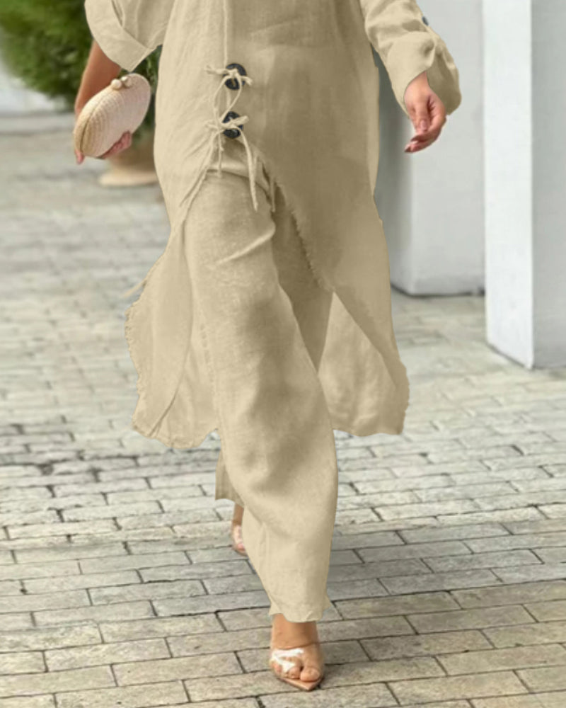 2 Pieces Outfit Button Decor One Shoulder Turn-Up Sleeves Slit Raw Edges Top and Casual Drawstring Elastic Waist Wide Leg Pants Set - Image 12