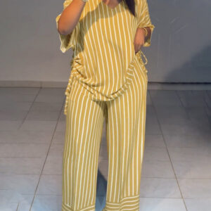 Women's Striped 2 Piece Outfits V Neck Short Sleeve Drawstring Top and Wide Leg Pants Set with Pockets