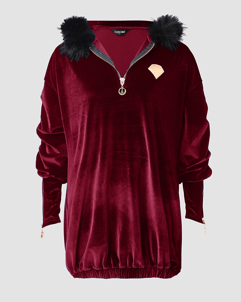 Velvet Fuzzy Trim Hooded Mini Dress Long Sleeve Zipper Design Sweatshirt Pullover Casual Dress - Image 10