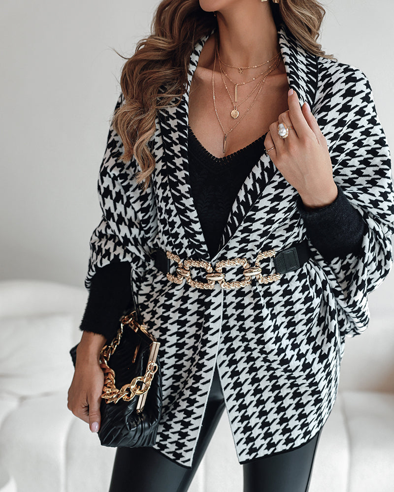 Houndstooth Print Versatile Loose Fit Sweater Coat Casual Warm Cape Shawl - Image 4