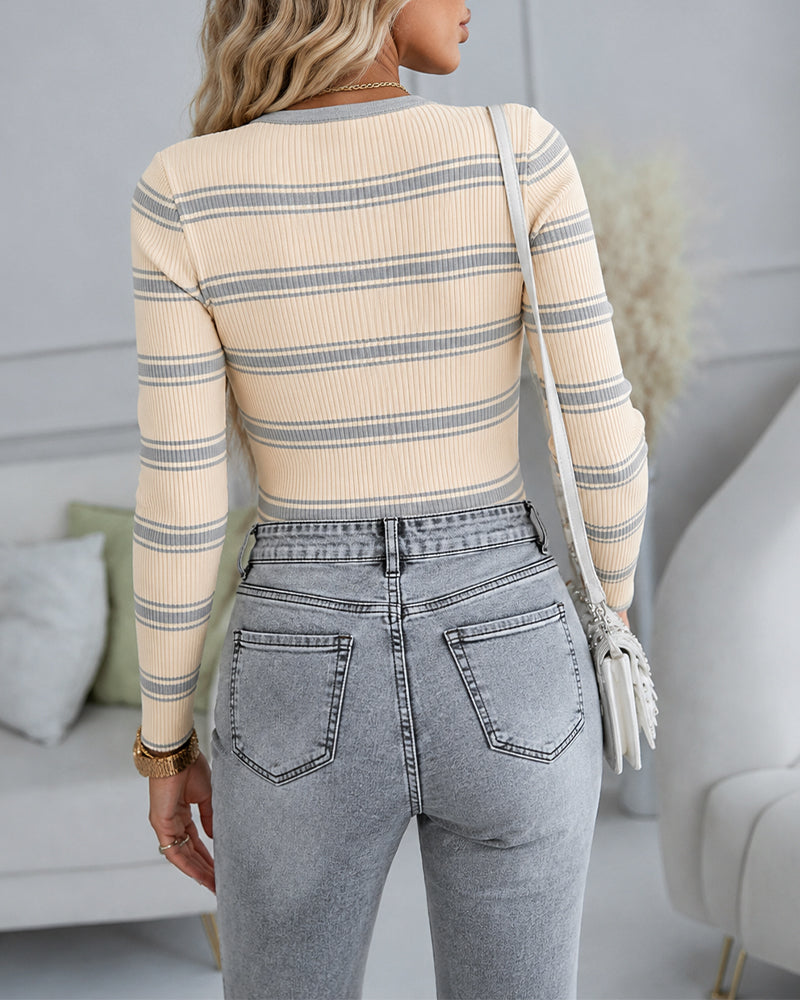 Women's Striped Ribbed Knit Top Slim Fit Long Sleeve Henley Shirt Gold Button Pullover - Image 18