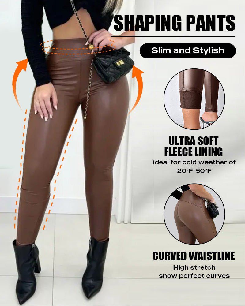 Chicme Curveease Pu Leather Leggings High Waist Curved Fleece Lined Tights Casual Pants - Image 7