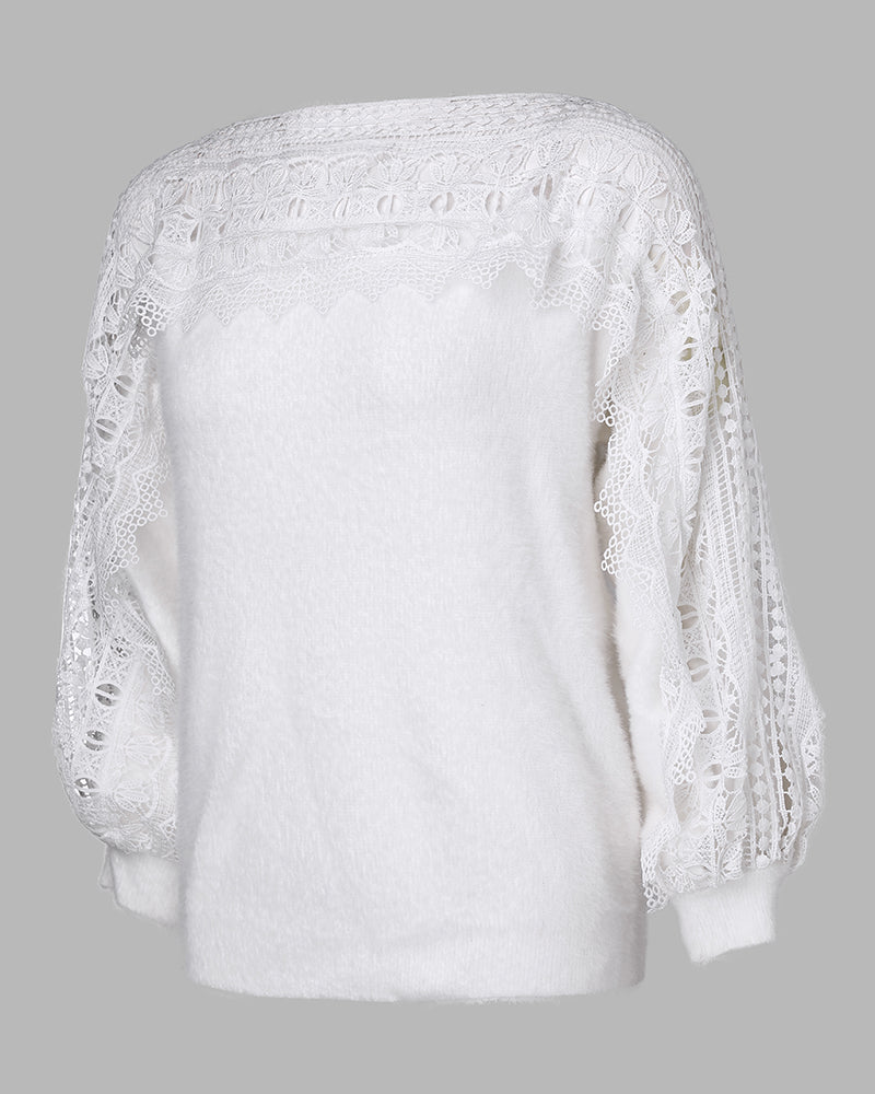 Crewneck Guipure Lace Long Sleeve Hollow Out Knit Sweaters Pullover Tops - Image 13