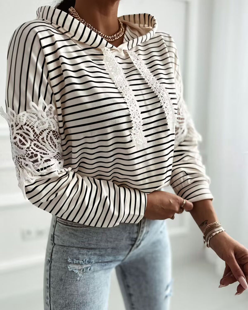 Striped Contrast Floral Lace Patchwork Long Sleeve Pullover Casual Lace Drawstring Hoodie Sweatshirt - Image 3
