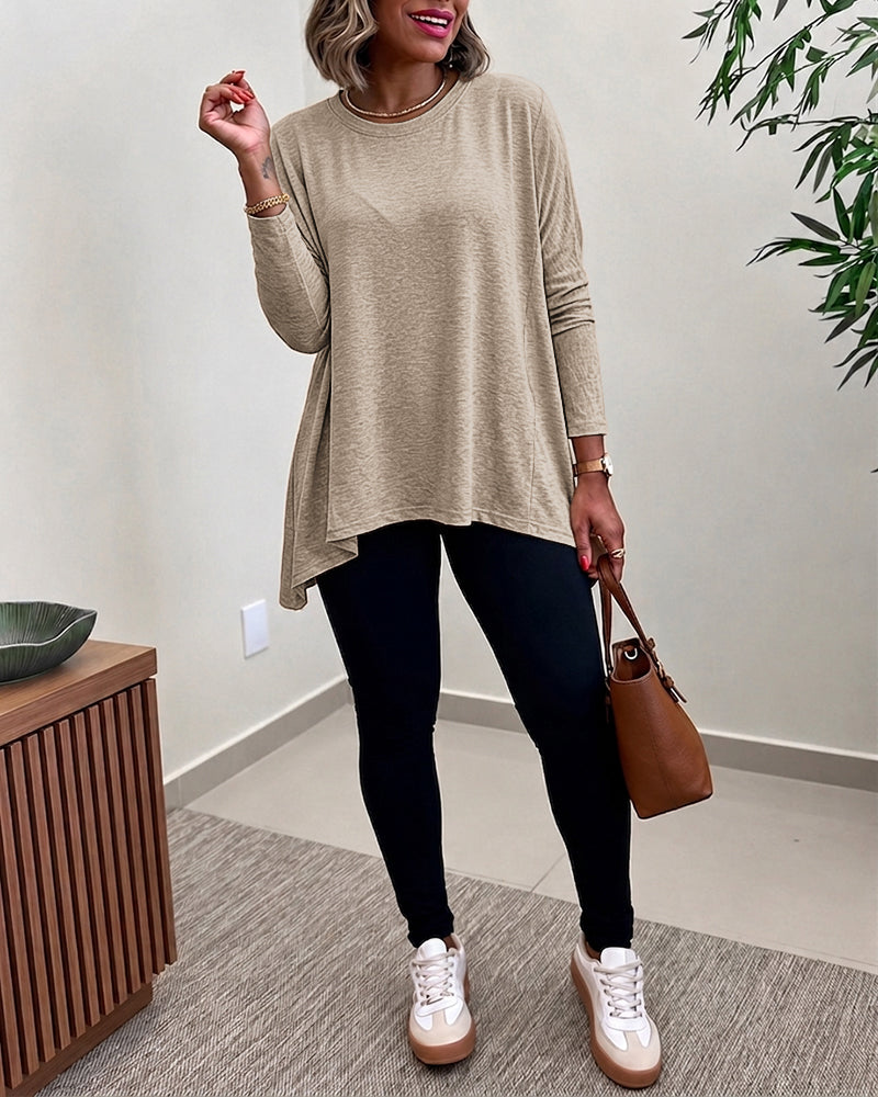 Women's Asymmetric Hem Long Sleeve Top Loose Fit Dropped Shoulder Crewneck Soft Slouchy Casual Tee - Image 14