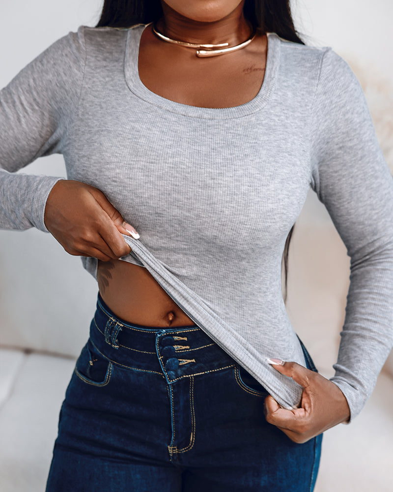 Built In Bra U Neck Tee High Stretchy Knit T-Shirt Long Sleeve Top - Image 11