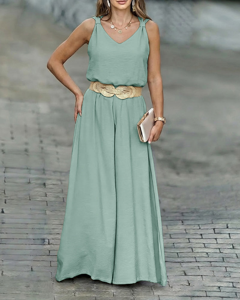 2 Pieces Outfit V-Neck Shoulder Bowknot Design Sleeveless Tank Top and Casual Zipper Fly Elastic Back Waist Wide Leg Pants Set without Belt - Image 9