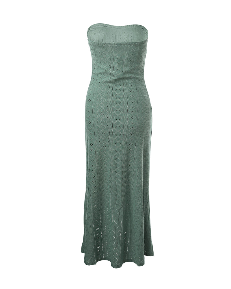 Sleeveless Ruched Cinched Waist Draped Bandeau Dress Eyelet Embroidery Slit Asymmetrical Hem Vacation Dress - Image 13