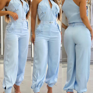 2 Pieces Outfits Sleeveless High Neck Cargo Pockets Design Top And Casual Cuffed Long Pants Set