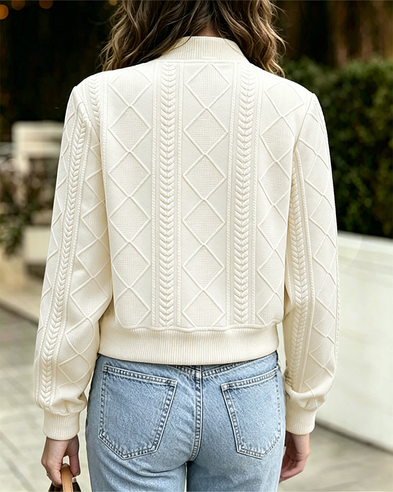 Women's Vintage Argyle Cable Knit Bomber Jacket Elegant Baseball Collar Button Down Cropped Coat with Flap Pockets - Image 17