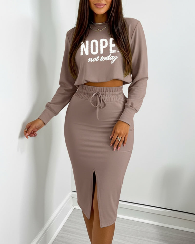 2 Pieces Outfit NOPE. not today Slogan Print Long Sleeve Stretchy Hem Crop Top and High Waist Drawstring Elastic Waist Slit Casual Skirt Set - Image 3