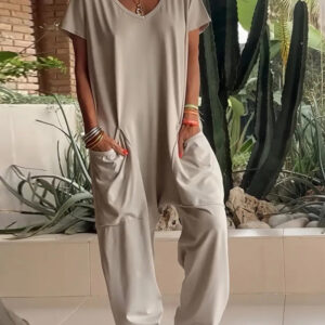 V-Neck High Stretch Tapered Drop-Crotch Casual Jumpsuit With Pockets