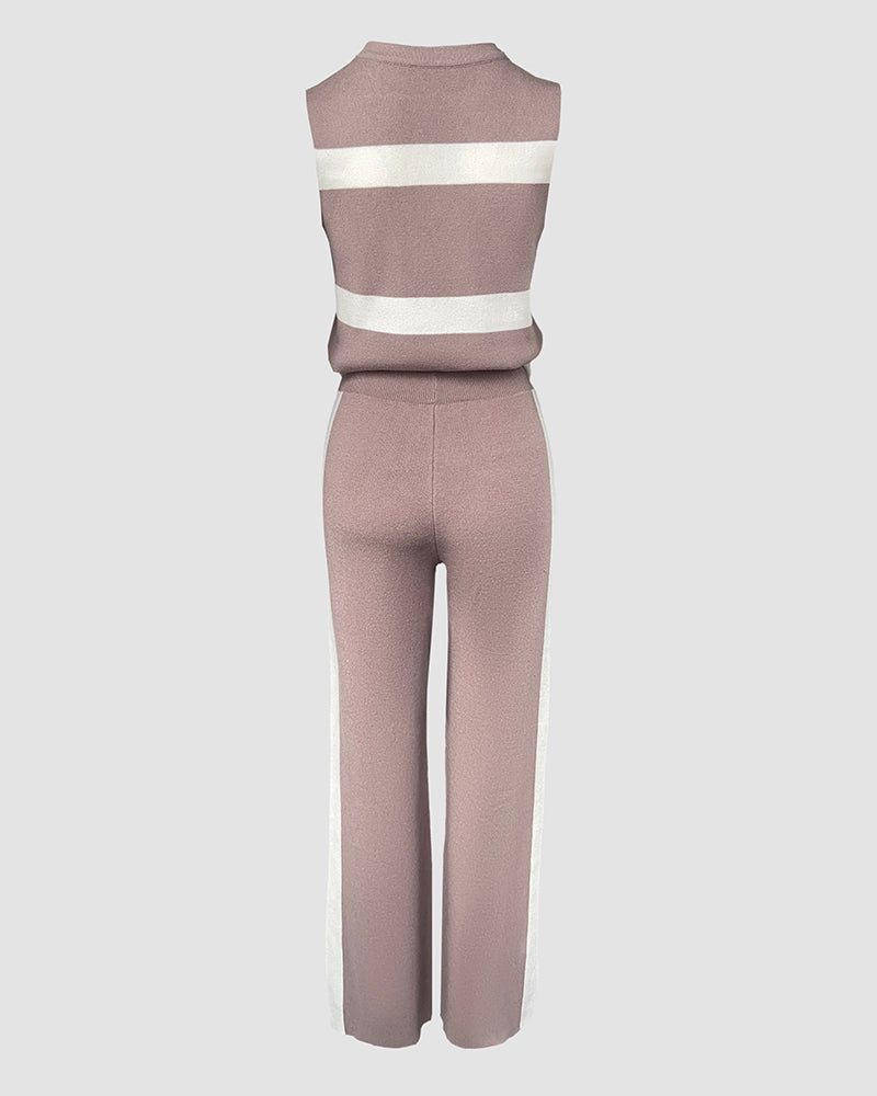 Striped Print Round Neck Sleeveless Top and Casual Elastic Waist Drawstring Pants Sets - Image 6