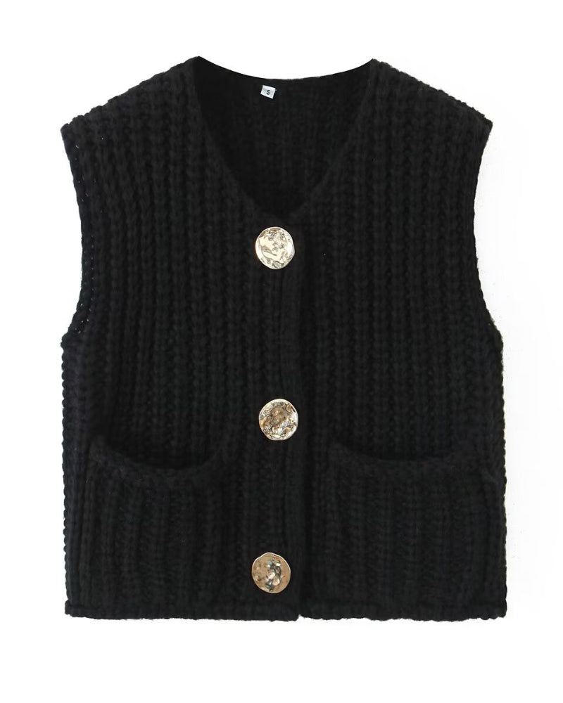 V-Neck Sleeveless Button Front Knit Vest Casual Loose Fit Sweater Top with Pockets - Image 16