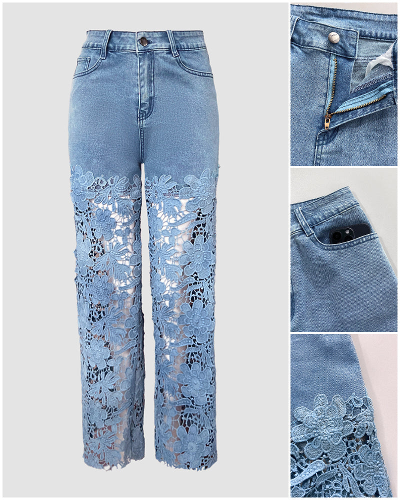 Guipure Lace Spliced High Waist Zipper Fly Wide Leg Washed Jeans - Image 4