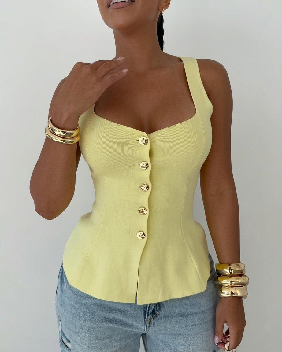 Women's Square Neck Knit Tank Top Gold Button Cinch Waist Peplum Vest - Image 6