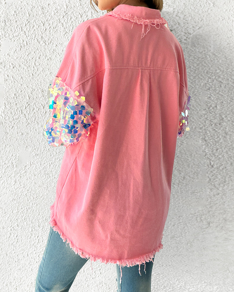 Contrast Sequin Long Sleeve Jacket Top Button Front Raw Hem Loose Fit Shacket - Image 11