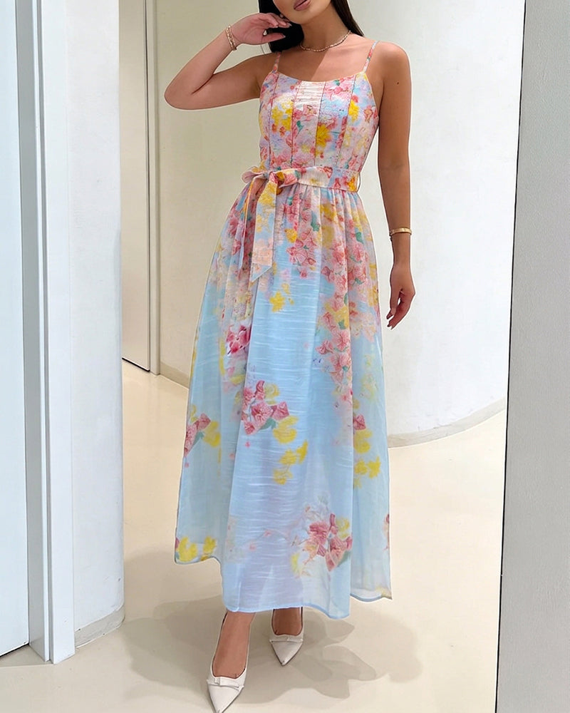 CHICME Women's Watercolor Floral Cami Dress Adjustable Straps High Waist A-Line Maxi Dress with Matching Belt - Image 4