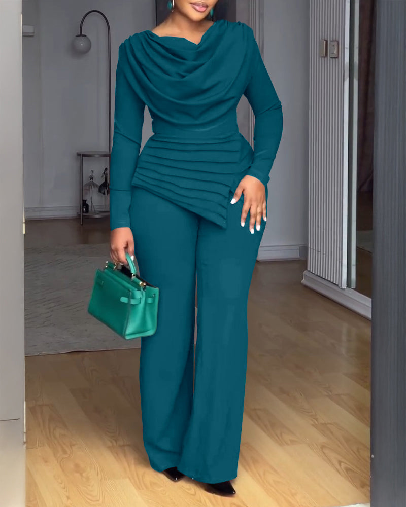 Cowl Neck Asymmetrical Textured Patchwork Cinched Waist Jumpsuit Casual Zipper Back Wide Leg Jumpsuit - Image 18