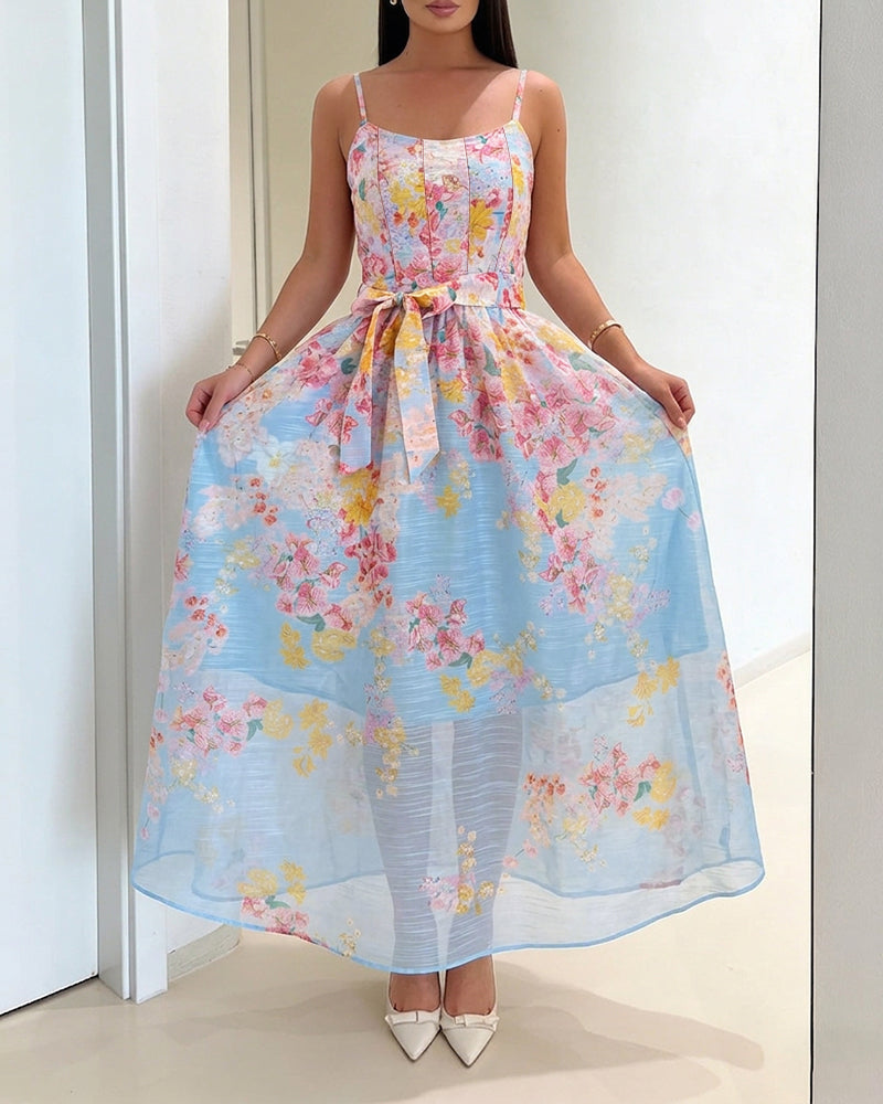 CHICME Women's Watercolor Floral Cami Dress Adjustable Straps High Waist A-Line Maxi Dress with Matching Belt - Image 5
