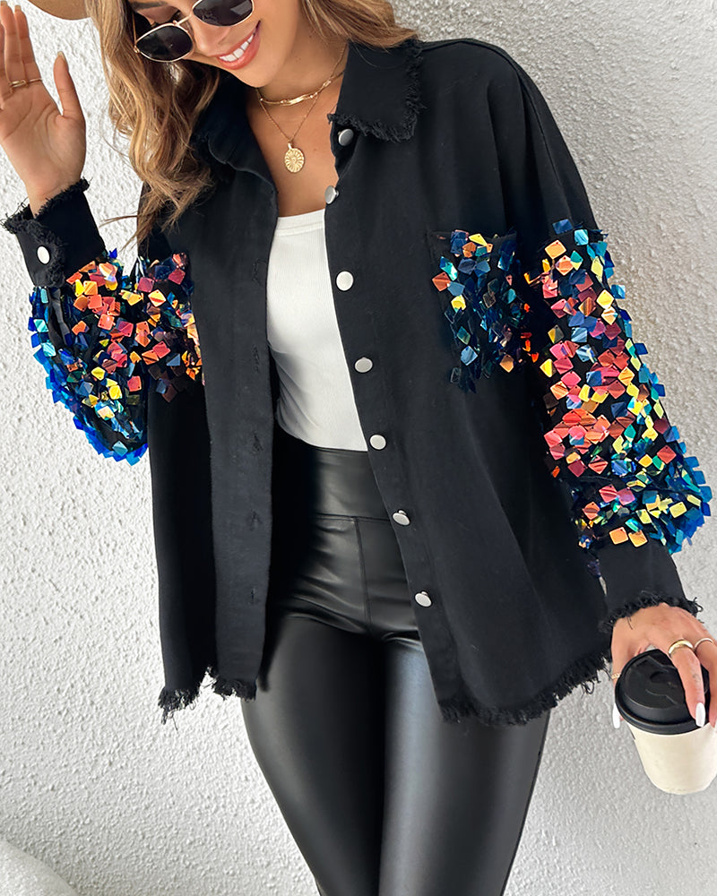 Contrast Sequin Long Sleeve Jacket Top Button Front Raw Hem Loose Fit Shacket - Image 25