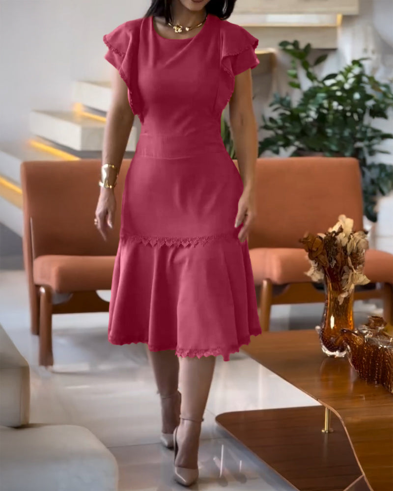 Butterfly Sleeve Hollow-out Back Shirred Dress Casual Cinched Waist Lace Trim Ruffle Hem Commuting Dress - Image 8