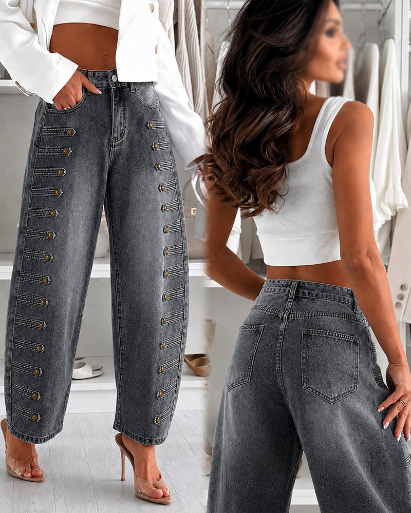 Women's Wide Leg Jeans High Waisted Side Button Denim Pants Distressed Washed Trousers Retro Y2K Streetwear - Image 20