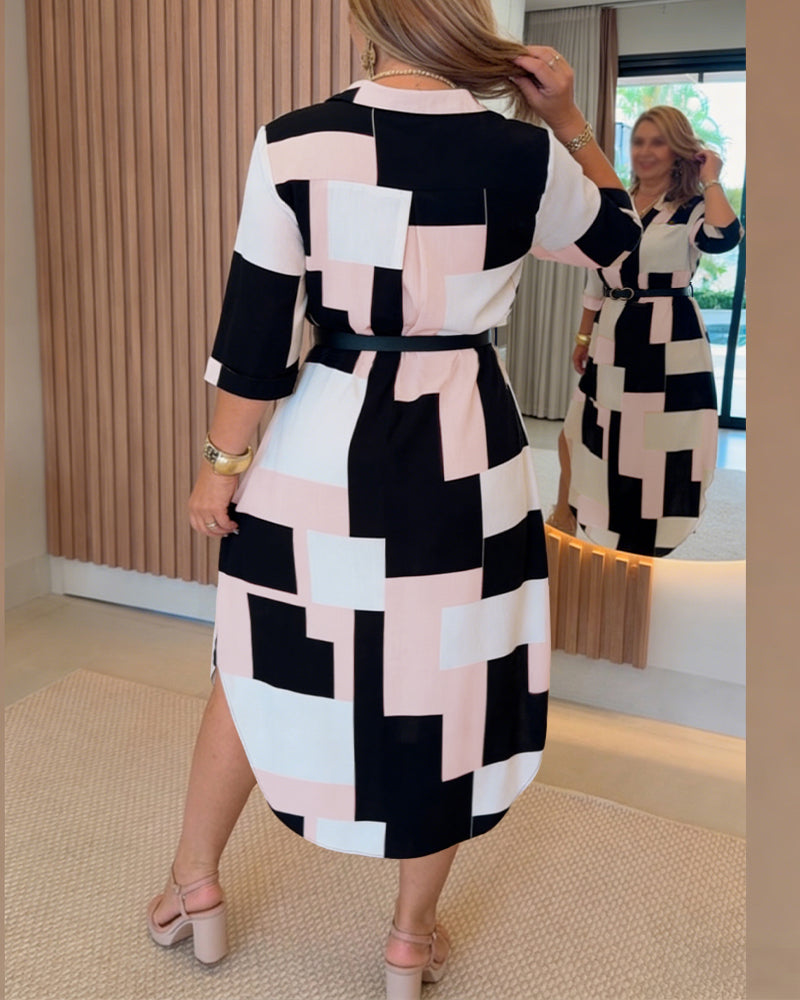 Women's Colorblock Geometric Shirt Dress Casual Three-Quarter Sleeves Asymmetrical Hem Commuting Dress with Belt - Image 5