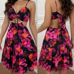 Women's Vintage Floral Print Mini Dress Sexy Sweetheart Neck Cut Out Sundress Backless Ruched A-Line Vacation Dress