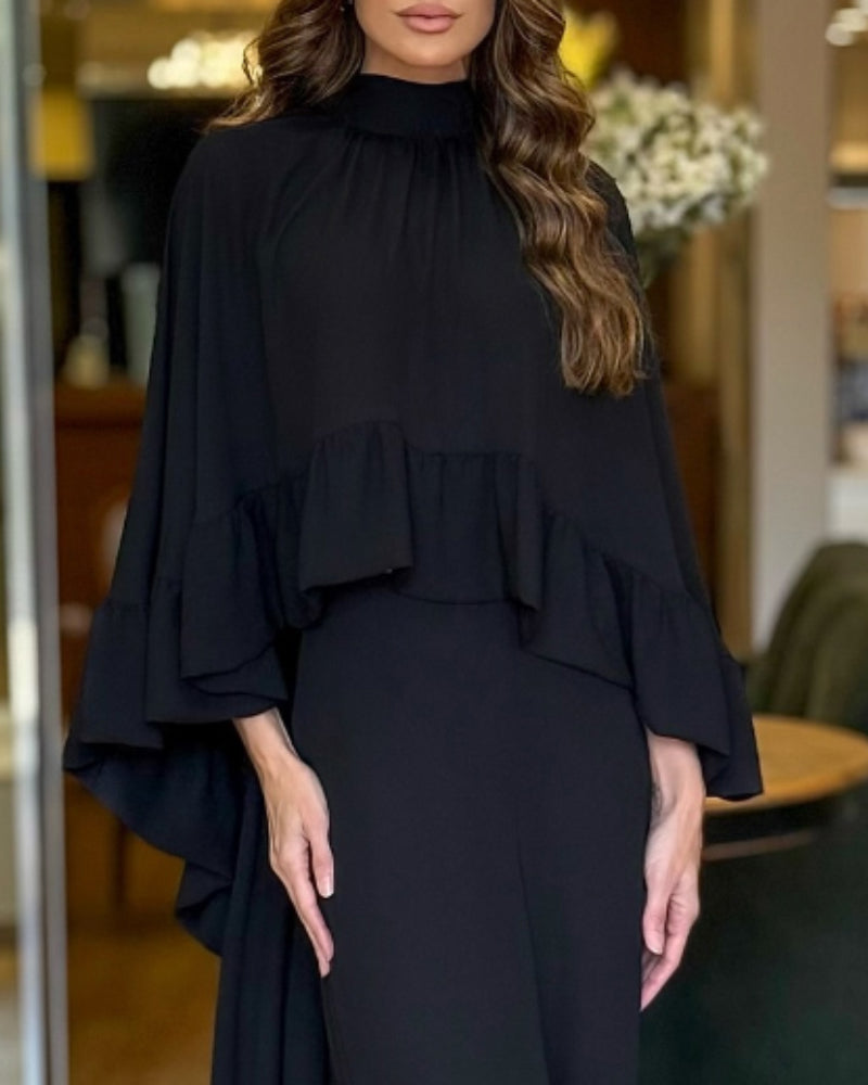 2 Pieces Outfit High Neck Hollow-out Back Ruffles High-Low Hem Cape and Casual Elastic Back Waist Wide Leg Pants Set - Image 6