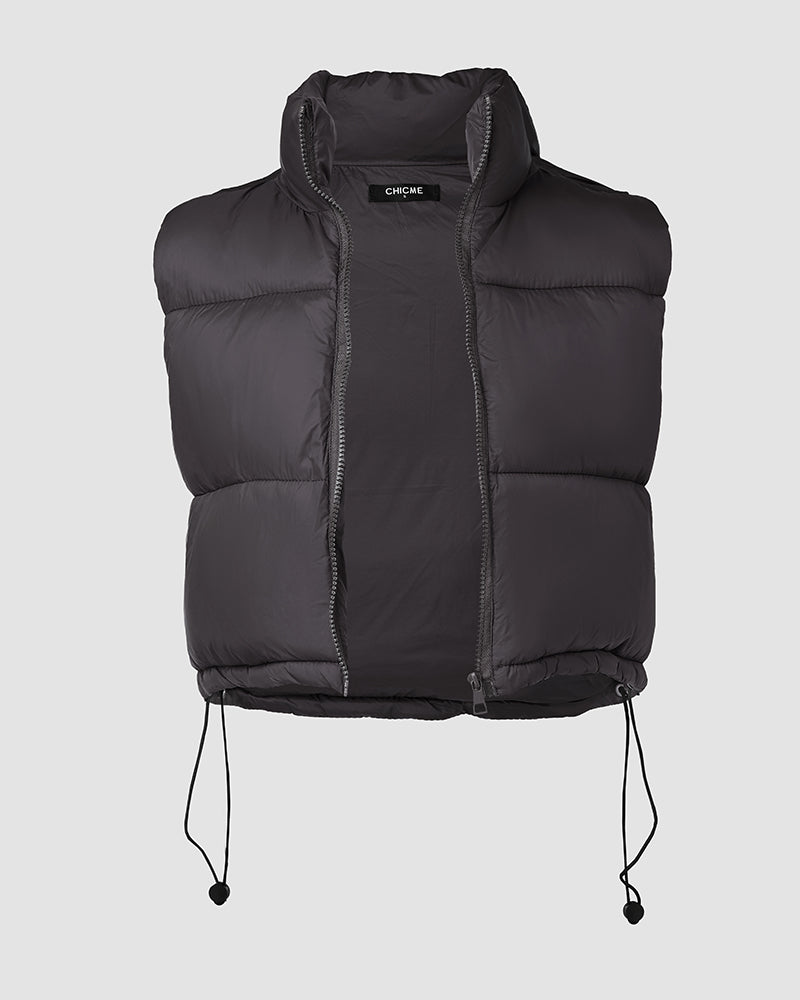 Stand Collar Zip Up Lightweight Cropped Puffer Vest Sleeveless Drawstring Hem Padded Coat - Image 12