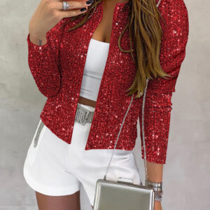 Sparkly Sequin Open Front Puff Sleeve Blazer Coat