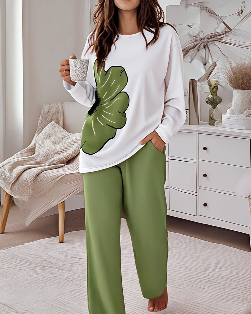 2 Pieces Outfit Floral Placement Print Long Sleeve Drop Shoulder Top and Elastic Waist Pants Set Causal Pajamas Set - Image 3