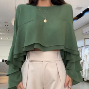 Round Neck Bell Sleeve Crop Top Casual Loose Fit Layered Blouse