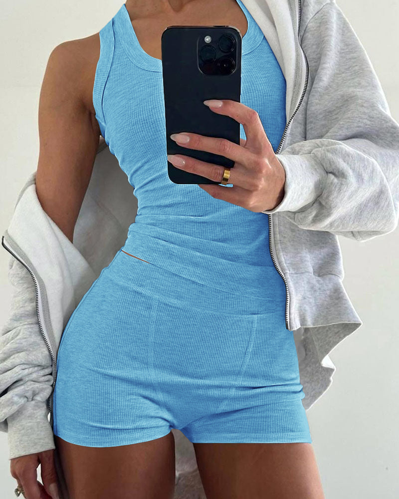 2PCS Micro-Ribbed U-Neck Tank Top & Boxer Set Cozy Loungewear - Image 25